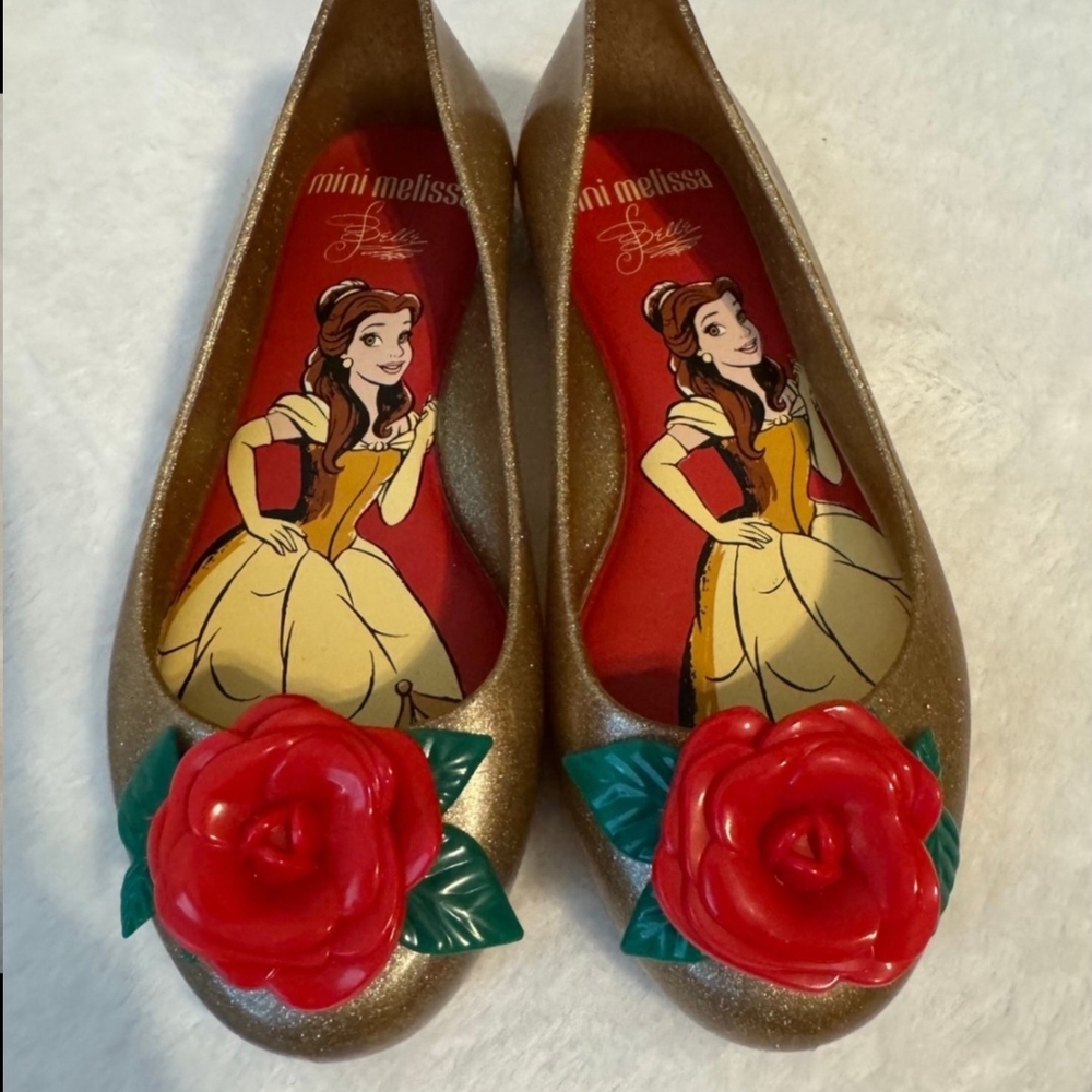 Mini Melissa Gold Jelly Flats with Red Rose Accent